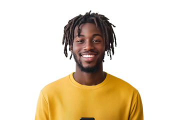 smiling young dark skinned black man with locs in yellow top with mobile phone, isolated on transparent background