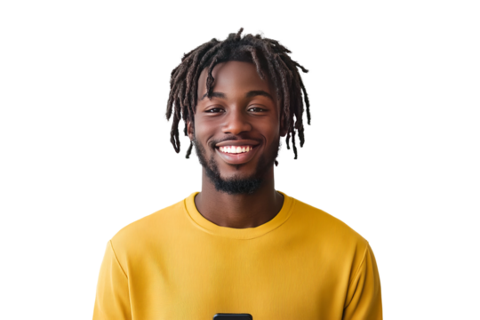 smiling young dark skinned black man with locs in yellow top with mobile phone, isolated on transparent background