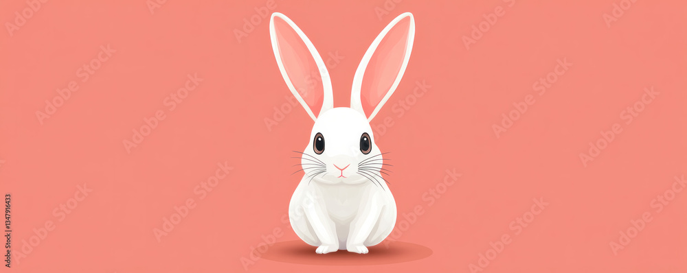 Poster a cartoon rabbit with pink ears is sitting on a red background. the rabbit is looking at the camera 