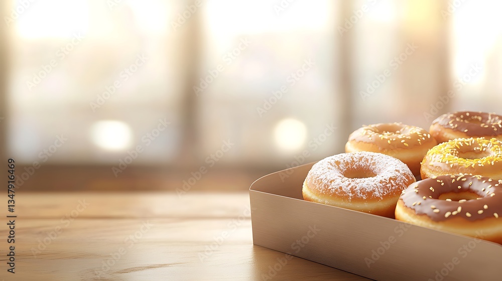 Poster assorted donuts in a box are neatly placed on the right side with a blurred background and left spac