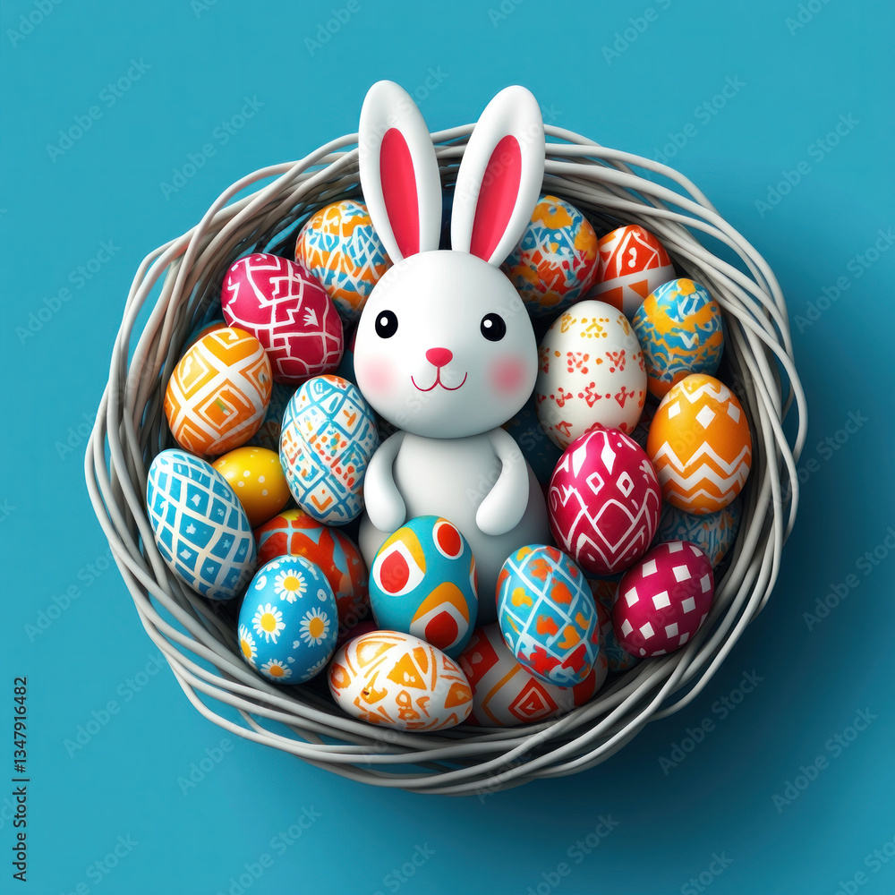 Poster a basket full of easter eggs with a rabbit in the middle. the rabbit is smiling and surrounded by co