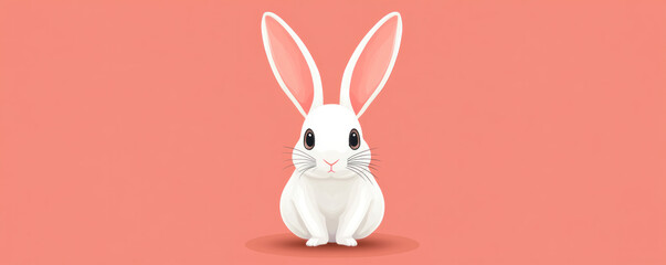 A cartoon rabbit with pink ears is sitting on a red background. The rabbit is looking at the camera with a curious expression