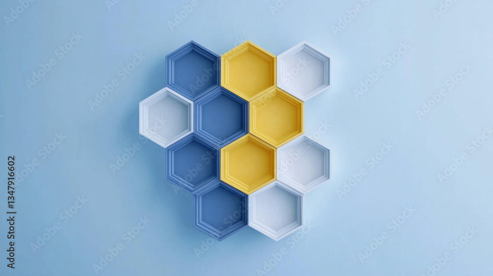 Poster a blue and yellow hexagon pattern is displayed on a blue background. the pattern is made up of small
