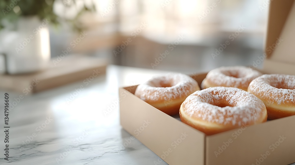 Poster assorted donuts in a box are neatly placed on the right side with a blurred background and left spac