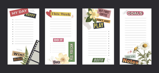 Colorful daily planner pages with motivational phrases and floral designs. Vector stories cute set.