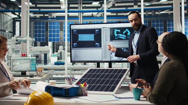 Research and development team analyzes solar cell prototypes to optimize energy conversion rates. Solar panels plant experts developing innovative manufacturing techniques, camera A