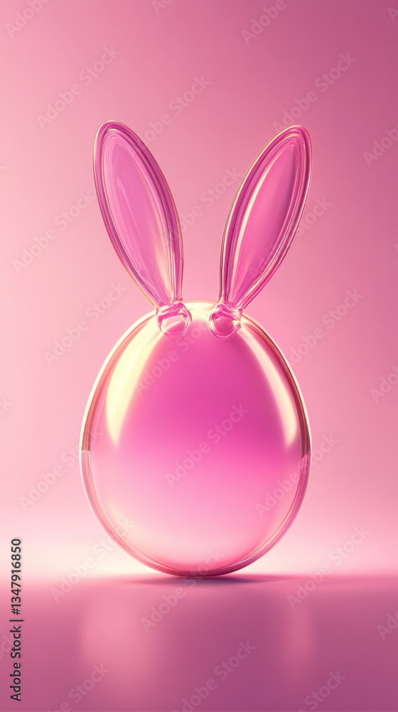 Poster a pink egg shaped object with a rabbit on it. the rabbit is made of clear plastic and is sitting on 