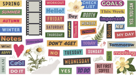 Colorful motivational stickers with days and seasonal themes. To do vector set of magazine cut-out worlds.