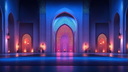 Illuminated Mosque Interior With Intricate Arches And Lanterns