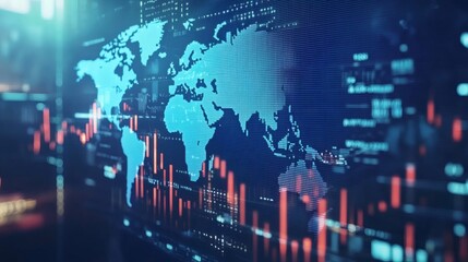 Obraz premium Financial Stock Market Chart Displayed on a Digital Blue World Map Background with Rising Red Graph