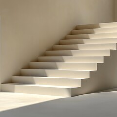 Stairs, a simple and minimalist design, with a light beige solid color background, no shadows, a white model of stairs with steps made from thick paper