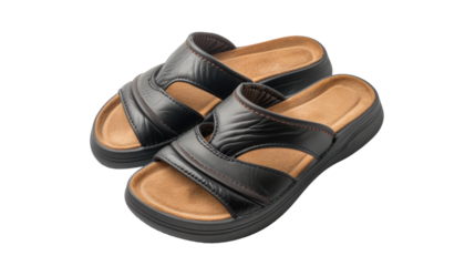 Pair of black leather comfortable orthopedic sandals isolated on transparent background