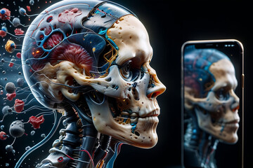 Sci-fi theme picture of a robot skull looking at a human cell phone