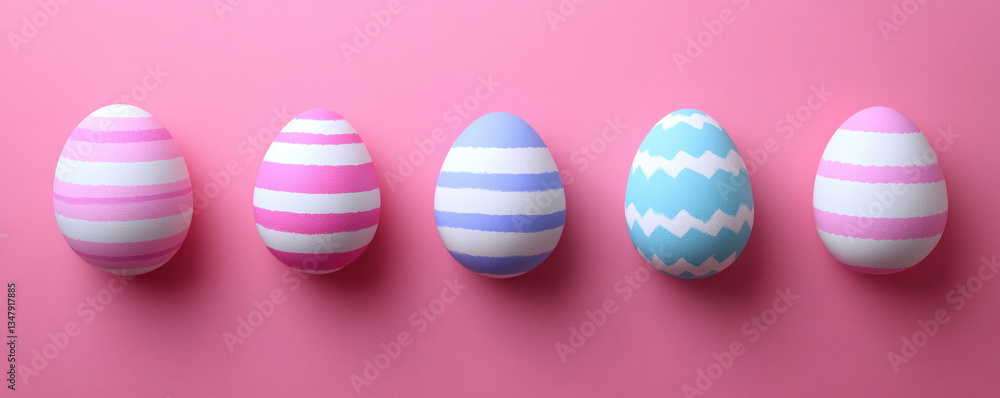 Poster a row of colorful eggs with stripes and polka dots. the eggs are arranged in a line on a pink backgr