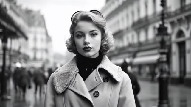 Blond attractive young woman walking in an European city in 1950s. monochromatic vintage.