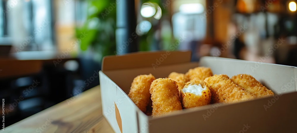 Poster tasty mozzarella sticks served in a box on the right, with a soft-focused background and space on th