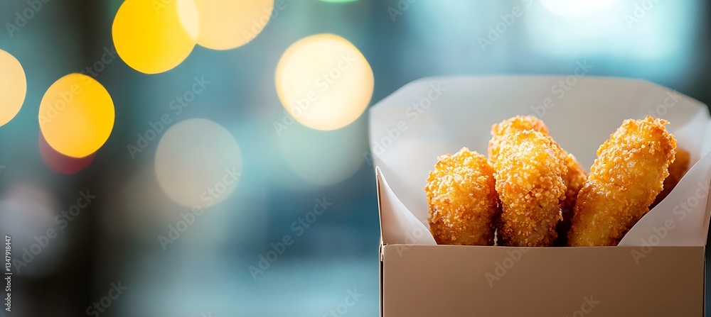 Poster tasty mozzarella sticks served in a box on the right, with a soft-focused background and space on th