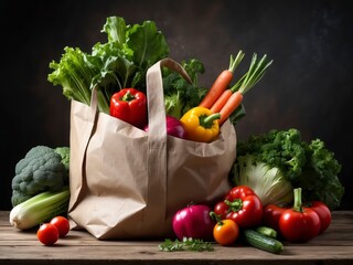 Reusable paper bag filled with fresh organic vegetables on a rustic wooden table. 