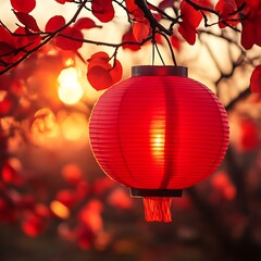 Fototapeta premium Red lantern sunset autumn garden decoration