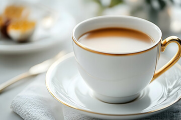 Elegant Tea Cup with Golden Trim Featuring Morning Pastries and Soft Lighting