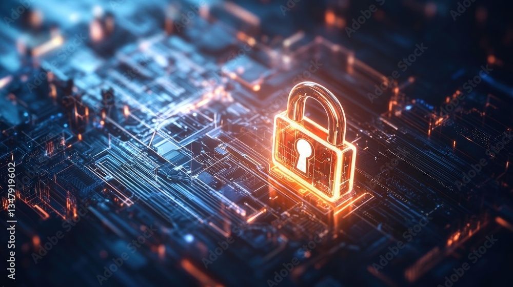 Poster glowing orange padlock symbolizing digital security poised on illuminated circuit board representing