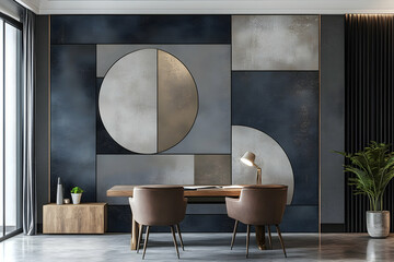 Elegant Interior Design with Geometric Wall Art and Modern Furniture