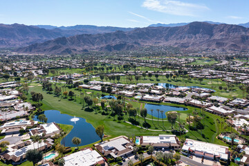 Aerial Rancho Mirage Golf Courses and Mountains
