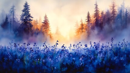 Watercolor Forest Landscape with Bluebells: Serene Nature Art Featuring Trees, Flowers, and Soft Hues for Home Decor.