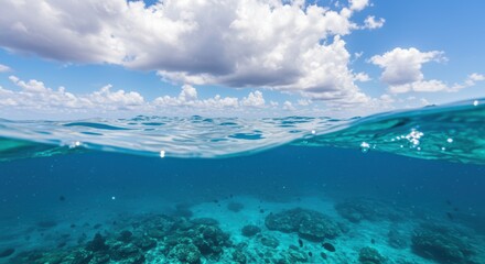 Captivating view of a clear ocean scene where the turquoise water meets the sky, revealing vibrant coral formations beneath the surface. Fluffy clouds drift above, adding to the serene atmosphere.