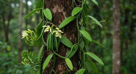 Vibrant green leaves and delicate yellow flowers of a vanilla orchid climb a rough tree trunk in a lush forest setting. Dew droplets glisten on the leaves, highlighting nature's beauty and serenity.