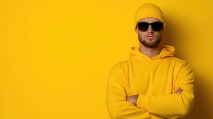 Obraz premium Stylish man in yellow outfit, confident pose