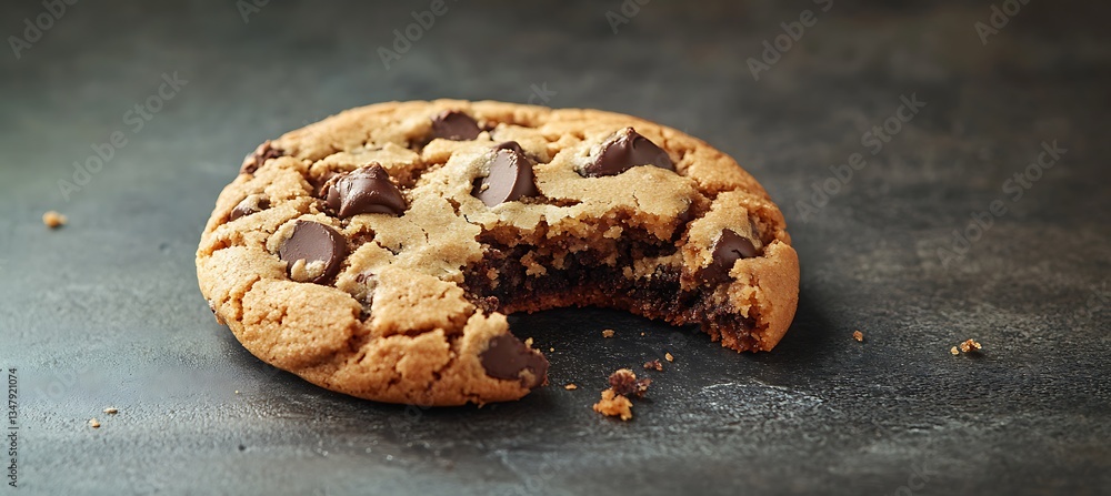 Poster chocolate chip cookie with a bite on the right, clear space in background for adding text or message