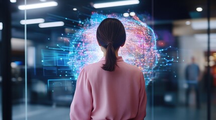 A woman in a pink blouse stands before a large transparent screen showcasing a vivid digital brain illustration, blurred figures in the background visible