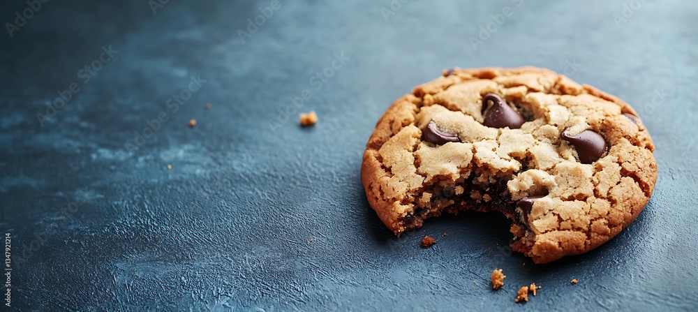Poster chocolate chip cookie with a bite on the right, clear space in background for adding text or message