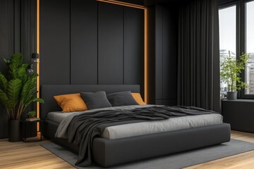 Obraz premium A modern bedroom interior displays a minimalist design with decor