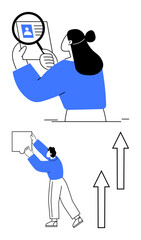 Female reviewing a profile under magnification, male presenting a board with rising arrows representing progress, success, and discovery. Ideal for recruitment, analysis, research, growth, training