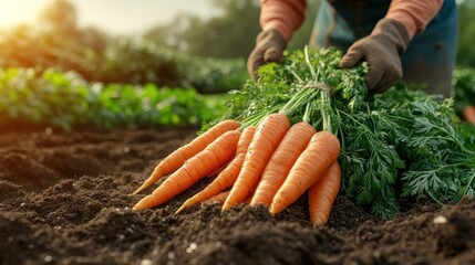 Freshly harvested carrots.  Hands carefully gathering a bunch of carrots from the earth