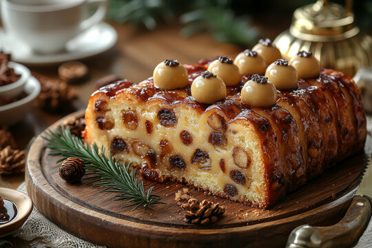 Platter of traditional simnel cake slices garnished with marzipan balls. Concept of rich baking history.