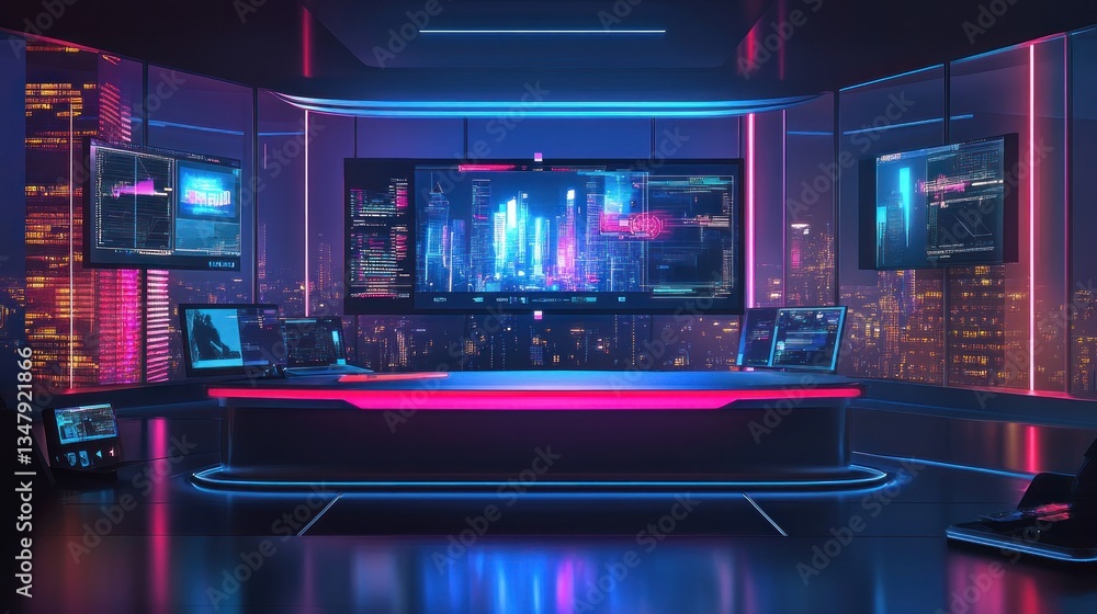 Poster a futuristic live-streaming set with virtual interaction screens