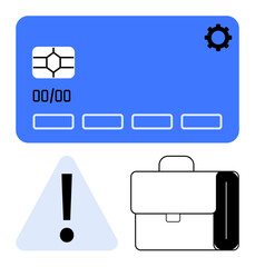Fototapeta premium Credit card with gear icon, caution triangle with exclamation mark, and business briefcase. Ideal for payment, security, finance, fraud prevention, risk e-commerce business safety. Flat simple