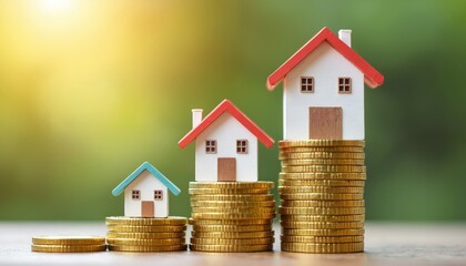 Concept photo housing market growth. Miniature houses stacked on gold coin piles. Real estate investment, property development, finance, upward trend. Home sales prices increase, economic growth,