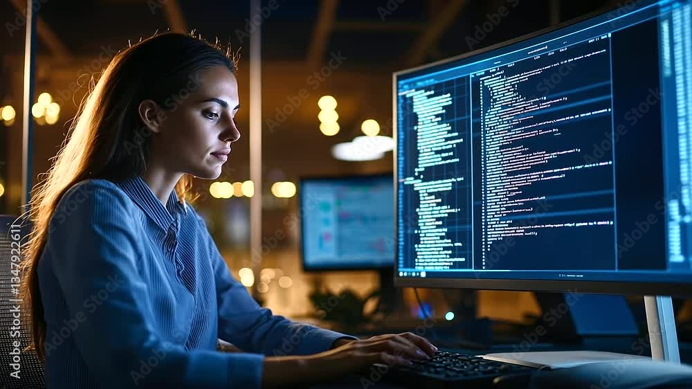 Poster a tech-savvy woman navigates finance coding with a dynamic 3d analytics interface.