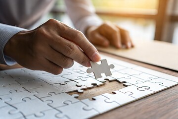 A Hand Placing a Single Puzzle Piece on a Wooden Table