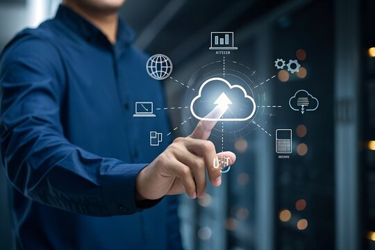 Businessman using Cloud service to document management and digital files storage and transfer. doc sharing and file access, backup and sync data, online documentation database technology.