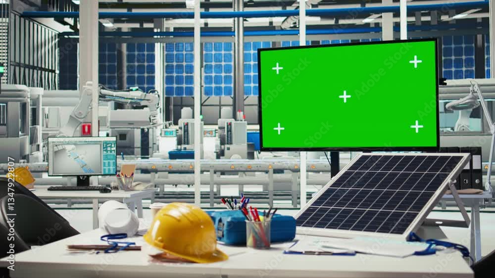 Poster isolated screen display in photovoltaics factory used to monitor performance of robot arms manufactu