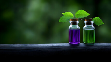 Aromatherapy bottles with essential oils and flowers