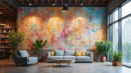 Industrial loft living room with exposed brick, large windows, and a bold abstract mural. Cozy modern decor with plants, wooden flooring, and soft lighting. Perfect for home inspiration and Zoom backg