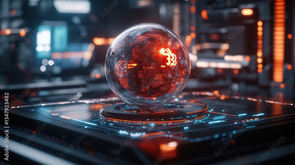 Poster a transparent glass sphere containing a glowing orange circuit board on a futuristic illuminated pla