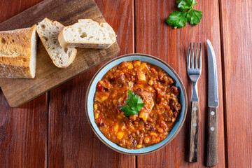 Chili con carne in a bowl
