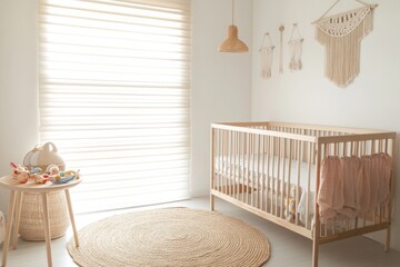 A Brightly Lit Nursery Filled With Baby Furniture And Decor